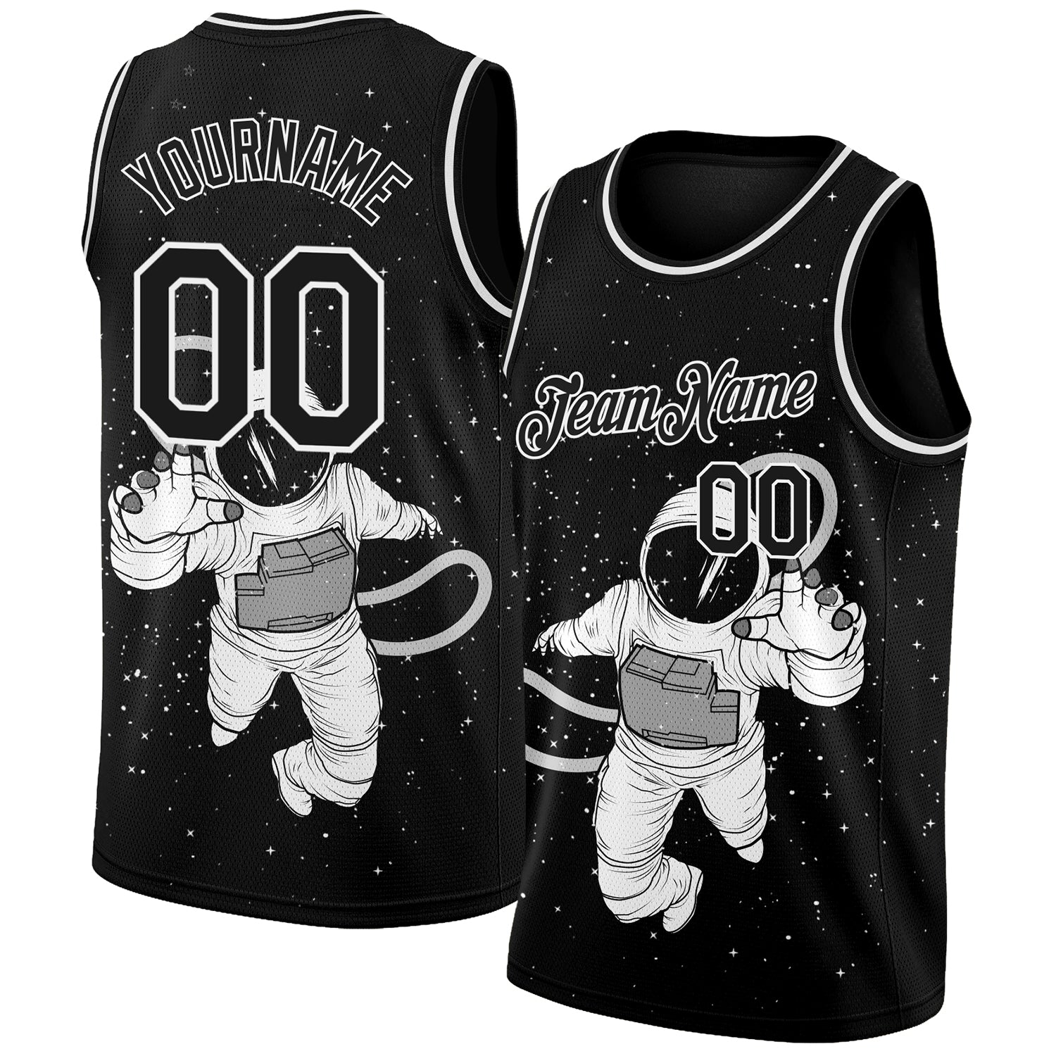 Custom Black White 3D Pattern Design Astronaut Authentic Basketball Jersey - Main View