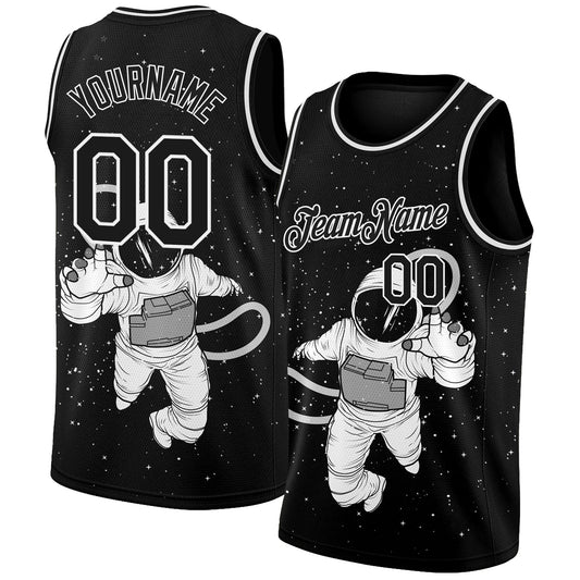 Custom Black White 3D Pattern Design Astronaut Authentic Basketball Jersey - Main View
