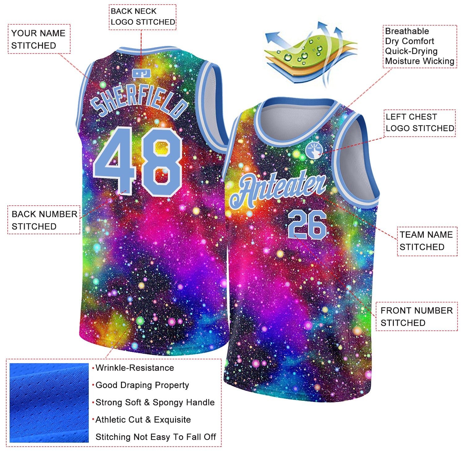 Custom Galactic Light Blue-White 3D Authentic Basketball Jersey view 2