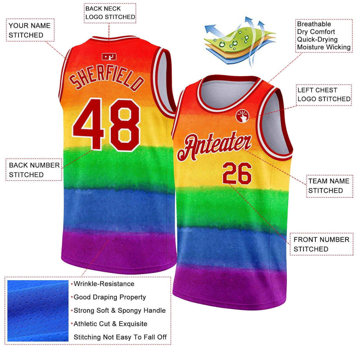 Custom Red White 3D Pattern Design Rainbow For Pride Month Love Is Love LGBT Authentic Basketball Jersey view 2