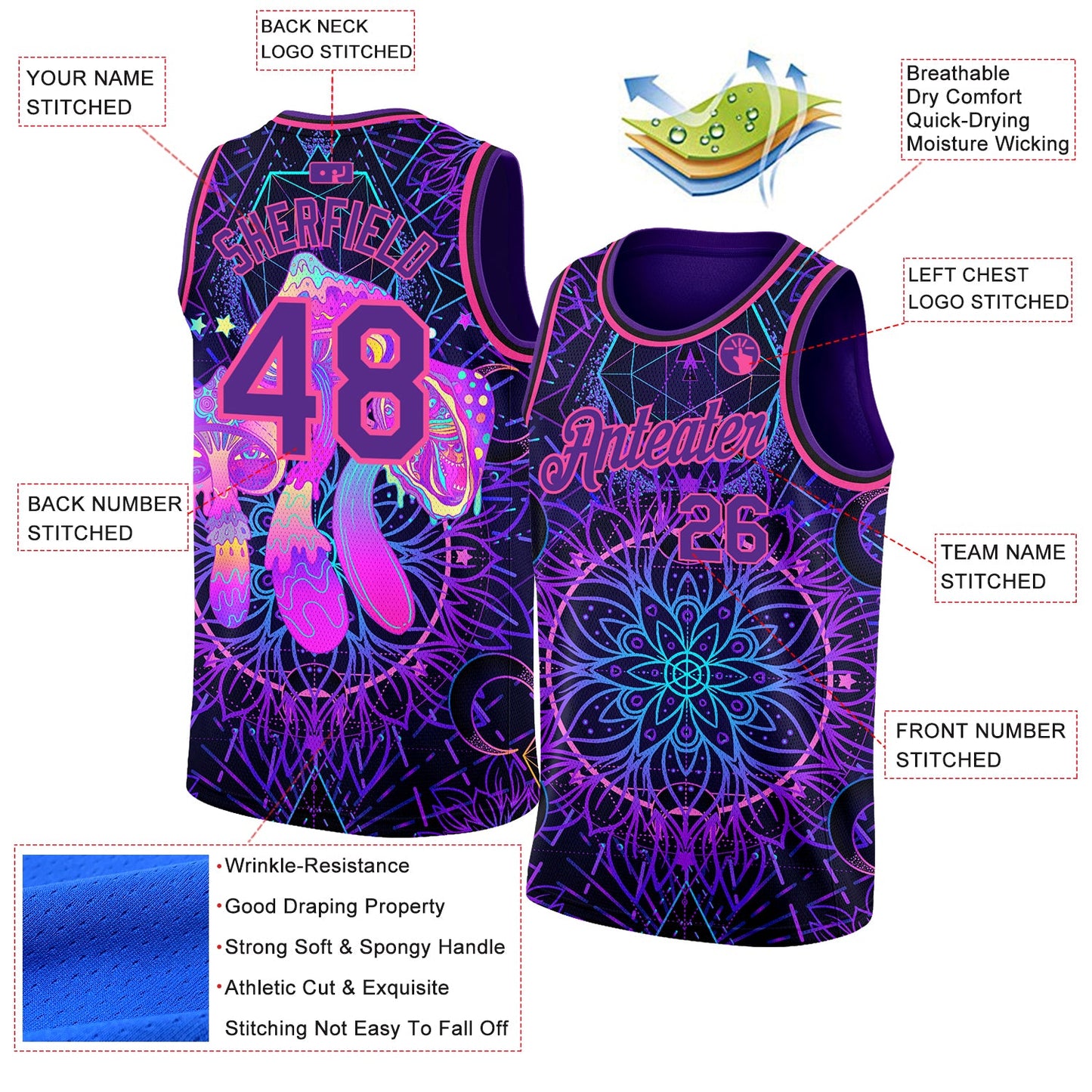 Custom Purple Pink 3D Pattern Design Magic Mushrooms Over Sacred Geometry Psychedelic Hallucination Authentic Basketball Jersey view 2