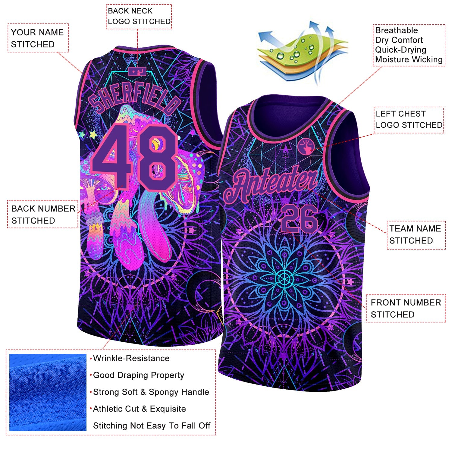 Custom Purple Pink 3D Pattern Design Magic Mushrooms Over Sacred Geometry Psychedelic Hallucination Authentic Basketball Jersey view 2