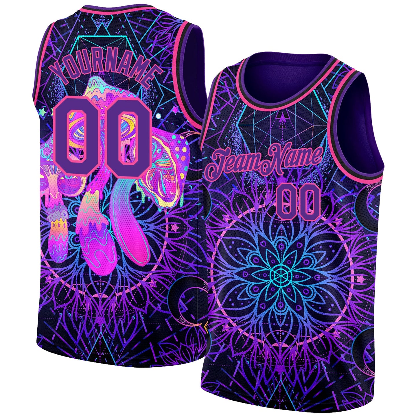 Custom Purple Pink 3D Pattern Design Magic Mushrooms Over Sacred Geometry Psychedelic Hallucination Authentic Basketball Jersey - Main View