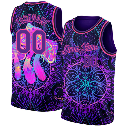 Custom Purple Pink 3D Pattern Design Magic Mushrooms Over Sacred Geometry Psychedelic Hallucination Authentic Basketball Jersey - Main View