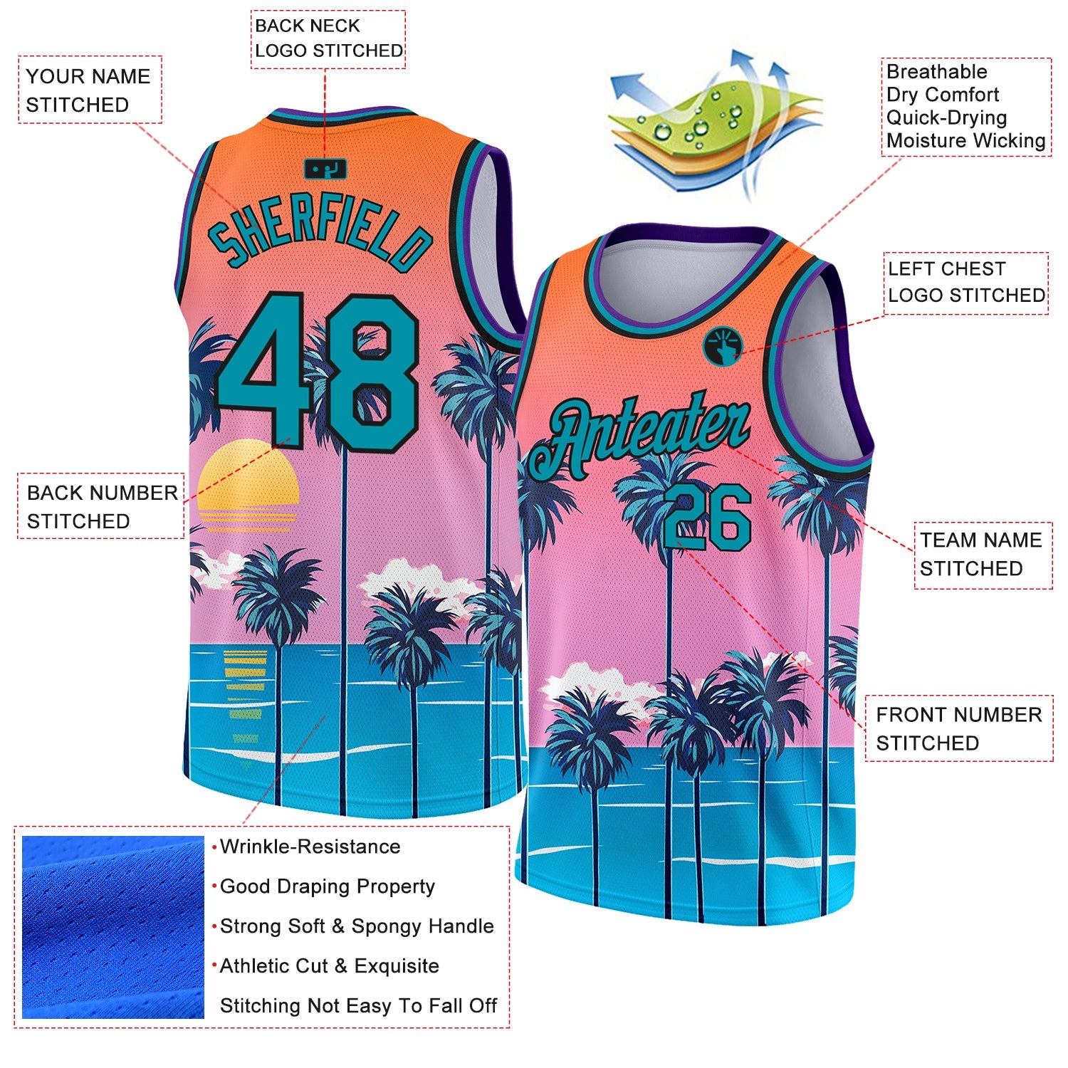 Custom Orange Teal-Black 3D Pattern Sun Beach Hawaii Palm Trees Authentic Basketball Jersey view 2