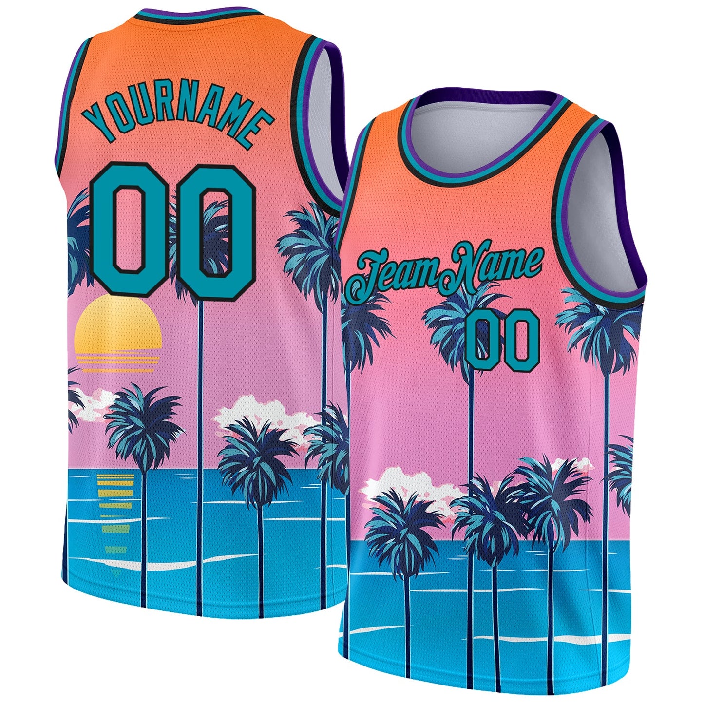 Custom Orange Teal-Black 3D Pattern Sun Beach Hawaii Palm Trees Authentic Basketball Jersey - Main View