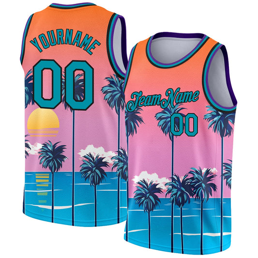 Custom Orange Teal-Black 3D Pattern Sun Beach Hawaii Palm Trees Authentic Basketball Jersey - Main View