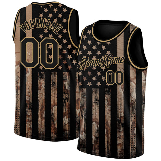 Custom Camo Black-Old Gold 3D American Flag Fashion Authentic Salute To Service Basketball Jersey - Main View
