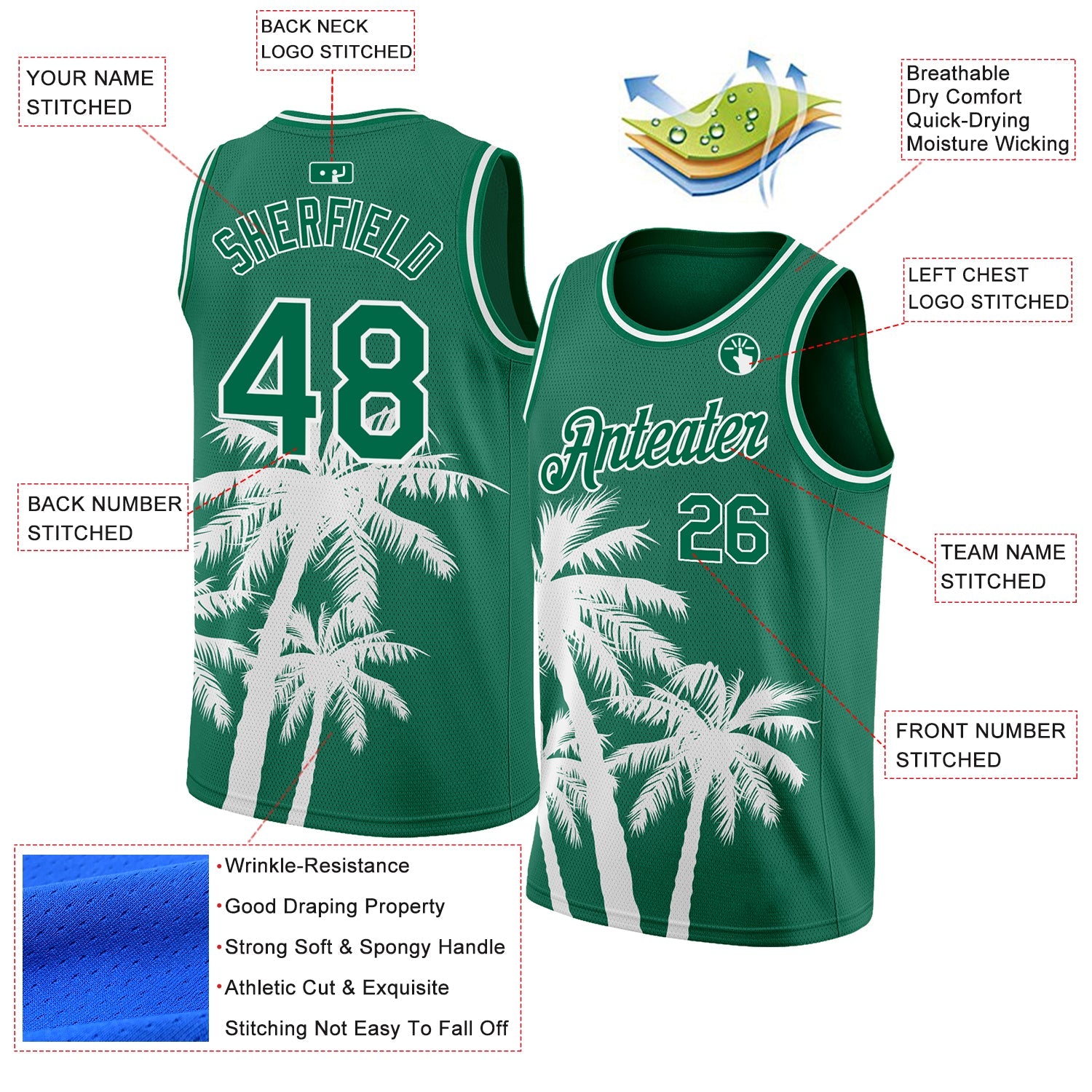 Custom Kelly Green White 3D Pattern Tropical Hawaii Coconut Trees Authentic Basketball Jersey view 2