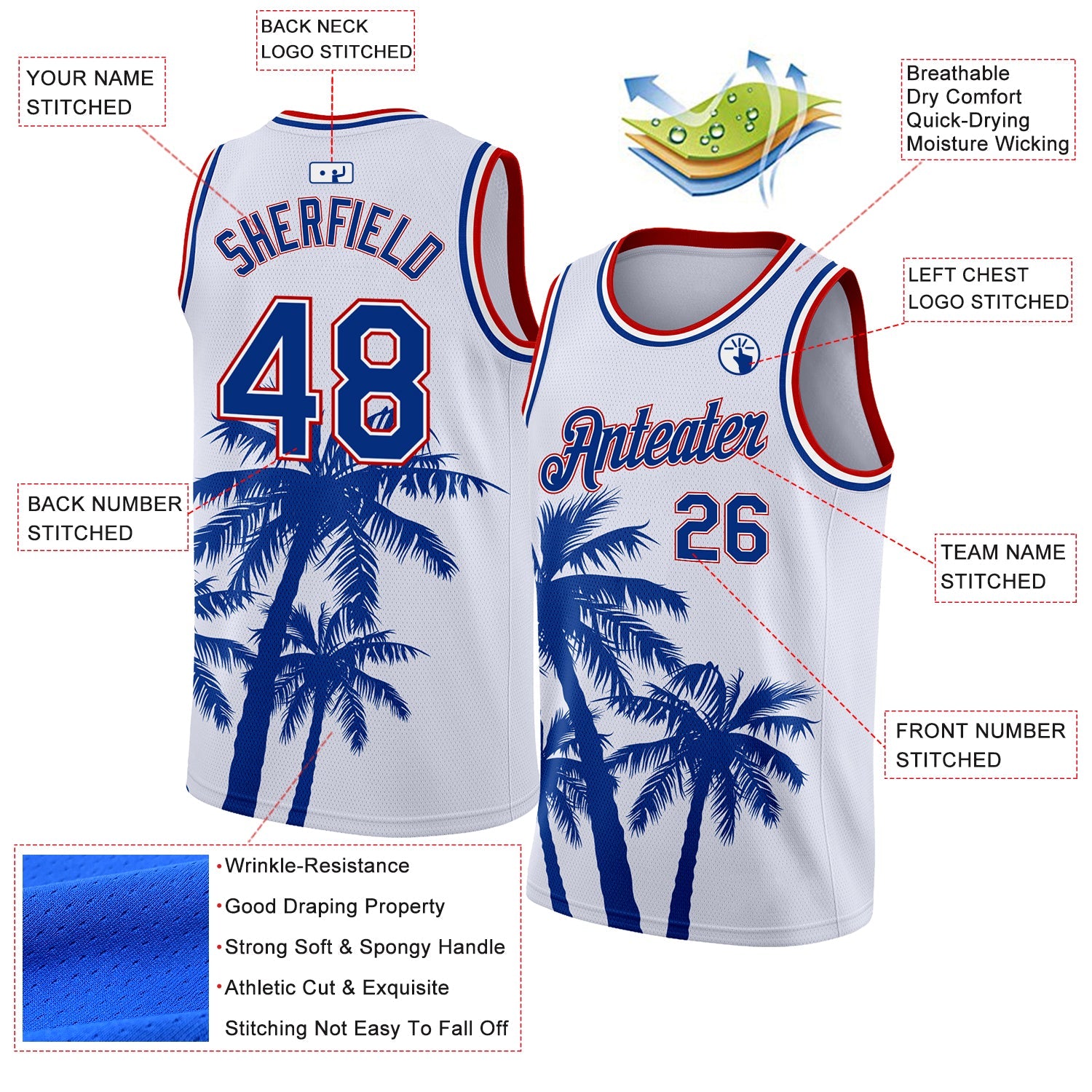 Custom White Royal-Red 3D Pattern Tropical Hawaii Coconut Trees Authentic Basketball Jersey view 2
