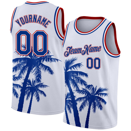 Custom White Royal-Red 3D Pattern Tropical Hawaii Coconut Trees Authentic Basketball Jersey - Main View