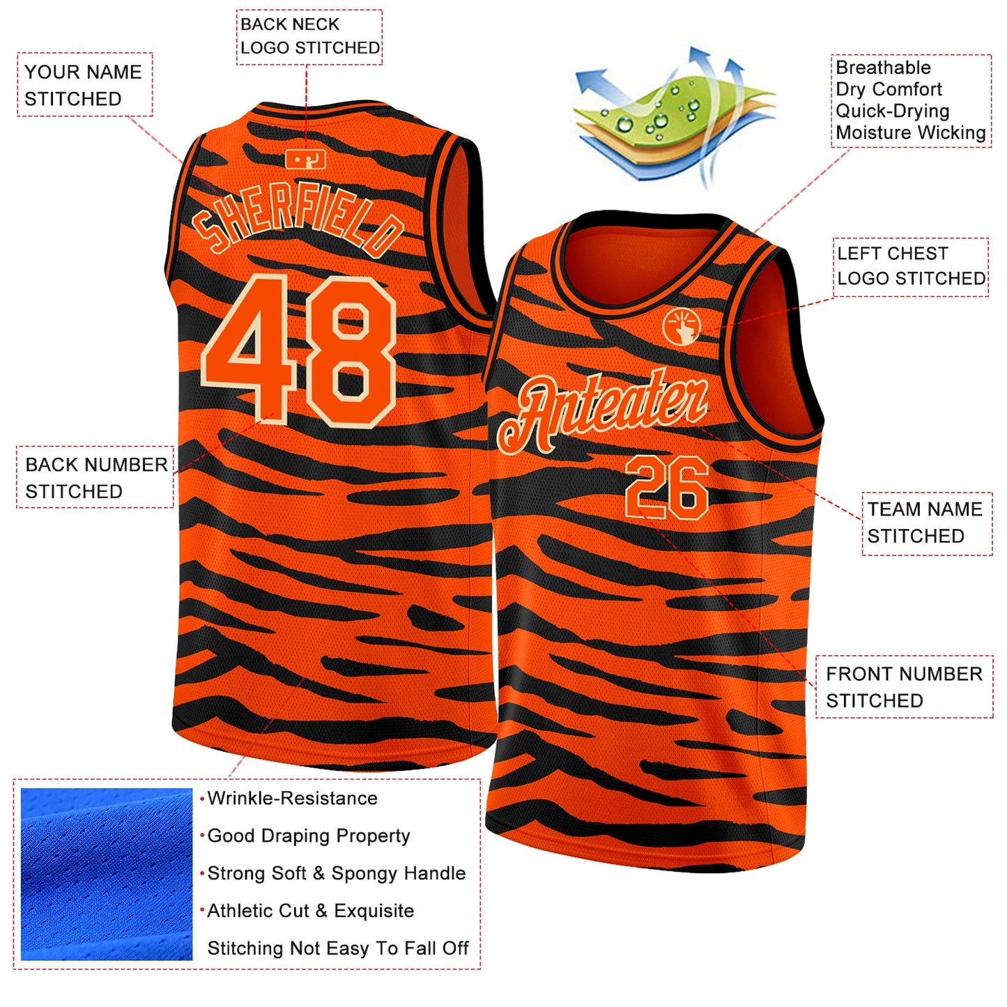 Custom Orange Cream 3D Pattern Design Tiger Print Authentic Basketball Jersey view 2