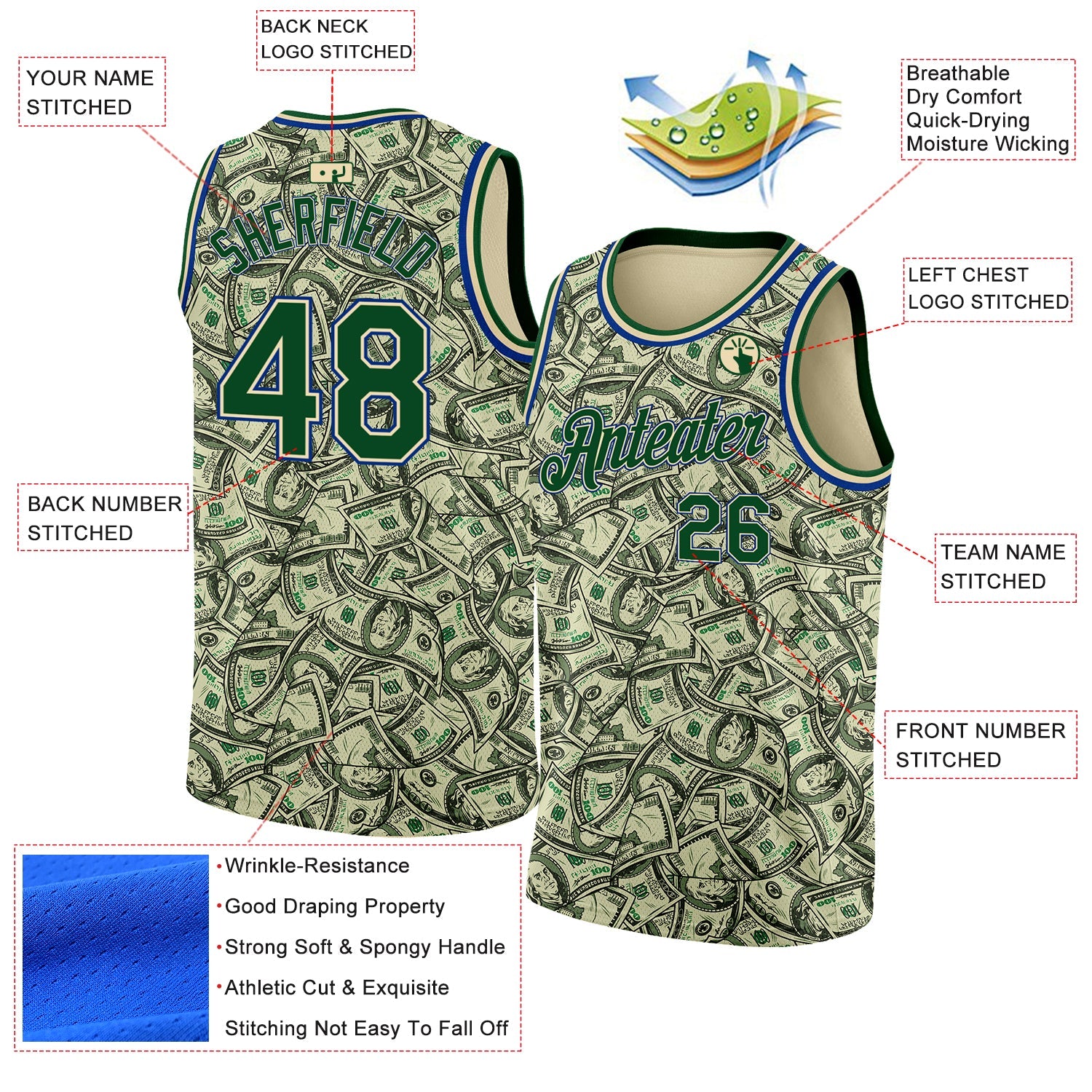 Custom Cream Green-Royal 3D Pattern Design Dollar Authentic Basketball Jersey view 3