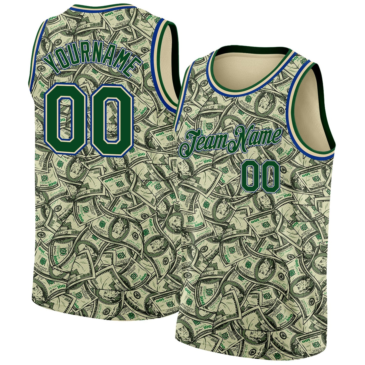 Custom Cream Green-Royal 3D Pattern Design Dollar Authentic Basketball Jersey - Main View