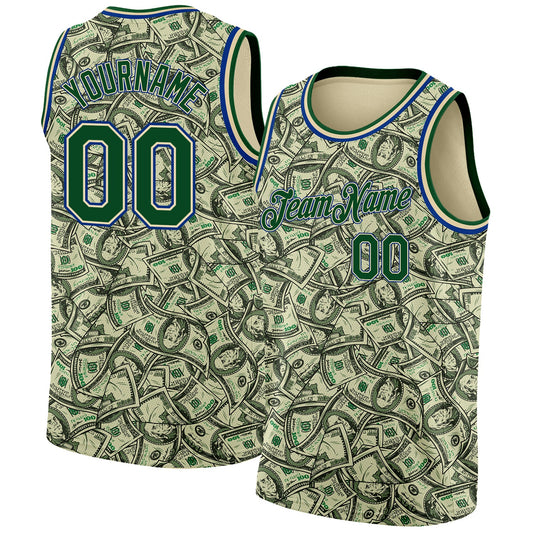 Custom Cream Green-Royal 3D Pattern Design Dollar Authentic Basketball Jersey - Main View