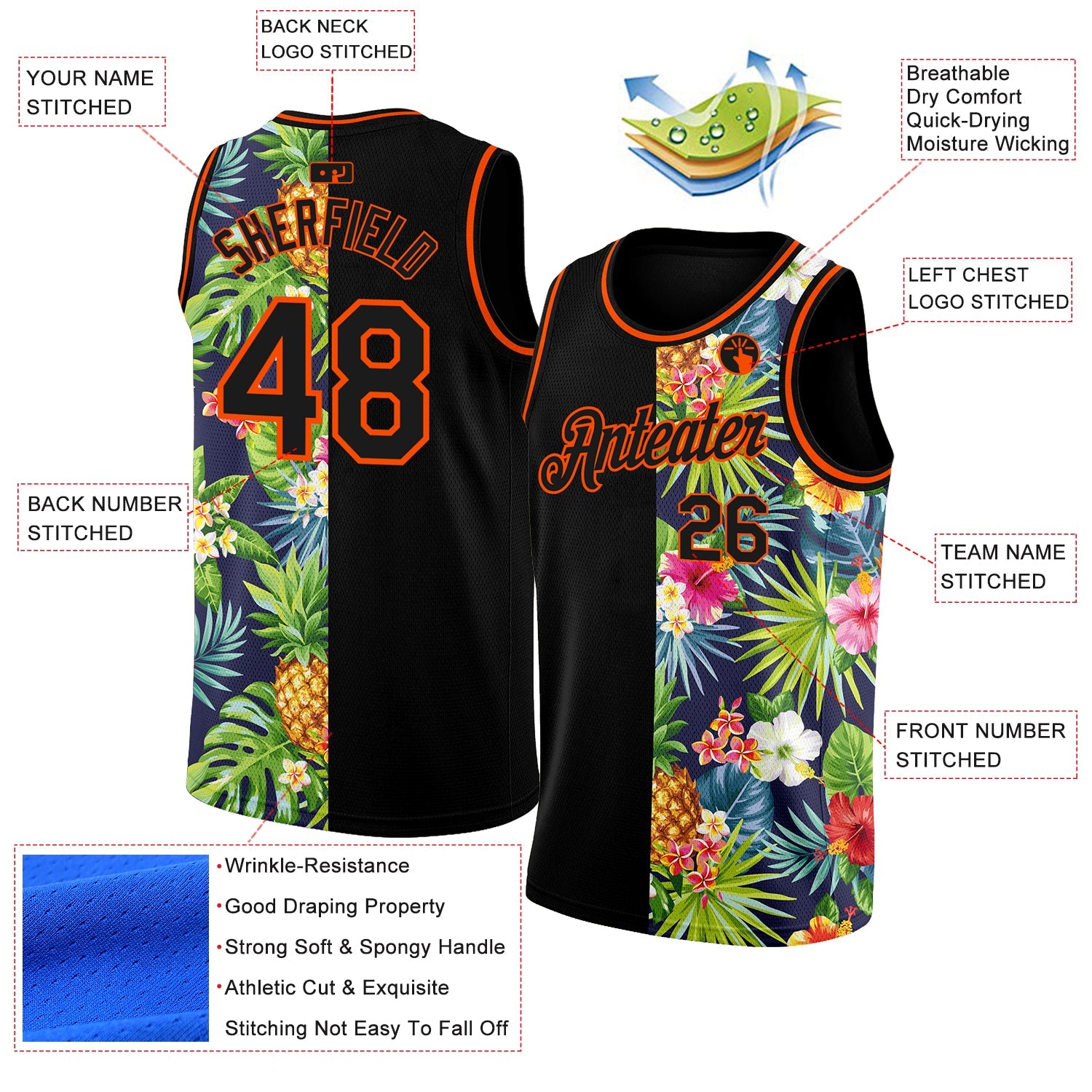 Custom Black Orange 3D Pattern Tropical Pineapples Hawaii Palm Leaves And Flowers Authentic Basketball Jersey view 2