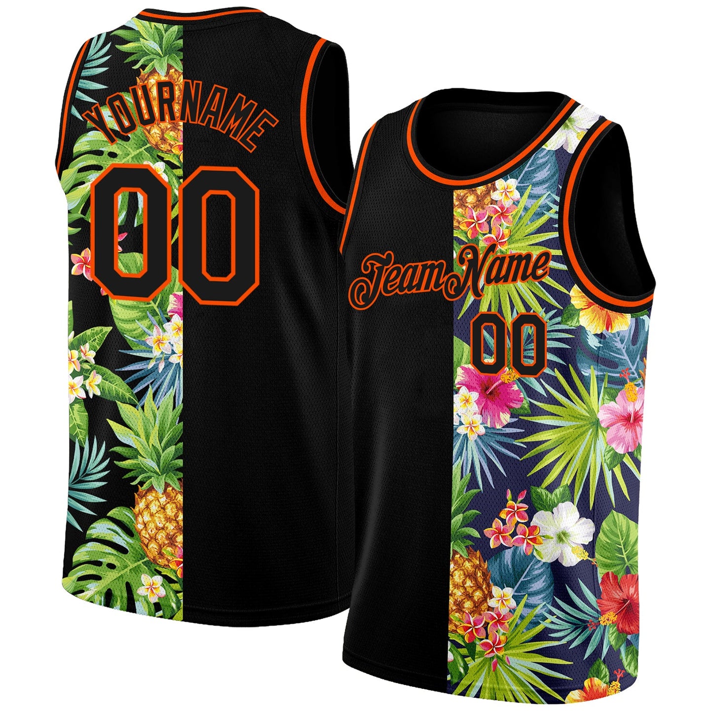 Custom Black Orange 3D Pattern Tropical Pineapples Hawaii Palm Leaves And Flowers Authentic Basketball Jersey - Main View