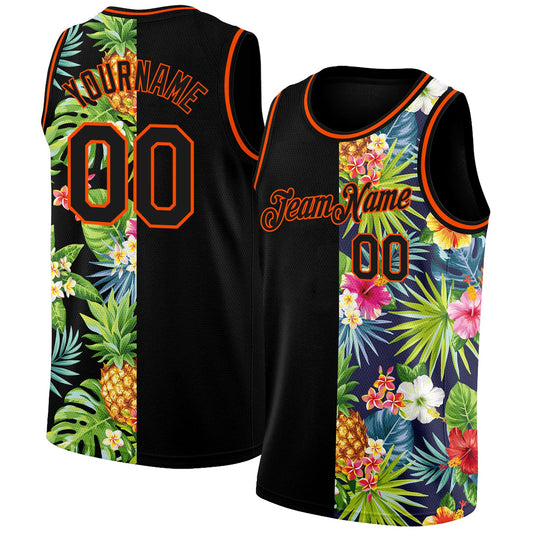 Custom Black Orange 3D Pattern Tropical Pineapples Hawaii Palm Leaves And Flowers Authentic Basketball Jersey - Main View