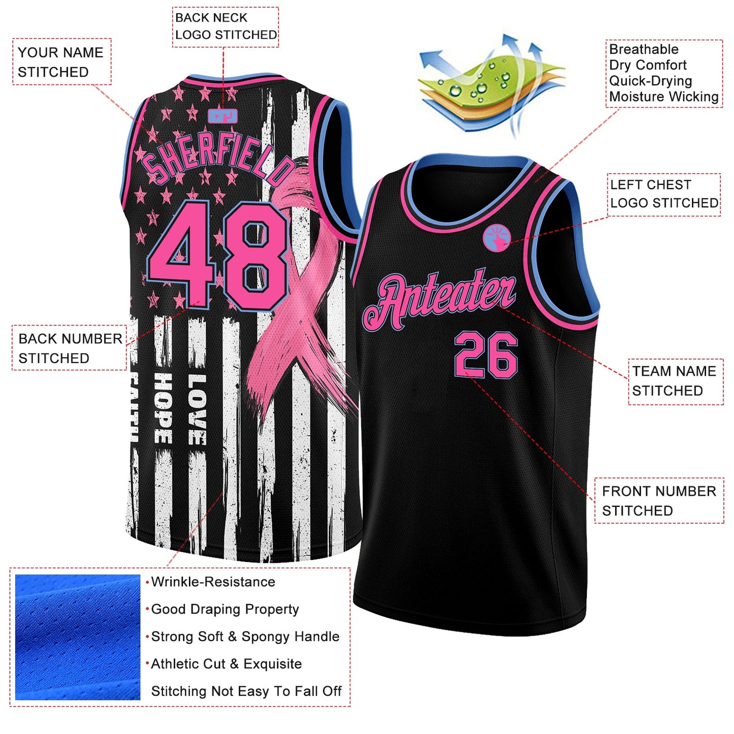 Custom Black Pink-Light Blue 3D American Flag Fashion With Pink Ribbon Breast Cancer Awareness Month Women Health Care Support Authentic Basketball Jersey view 2