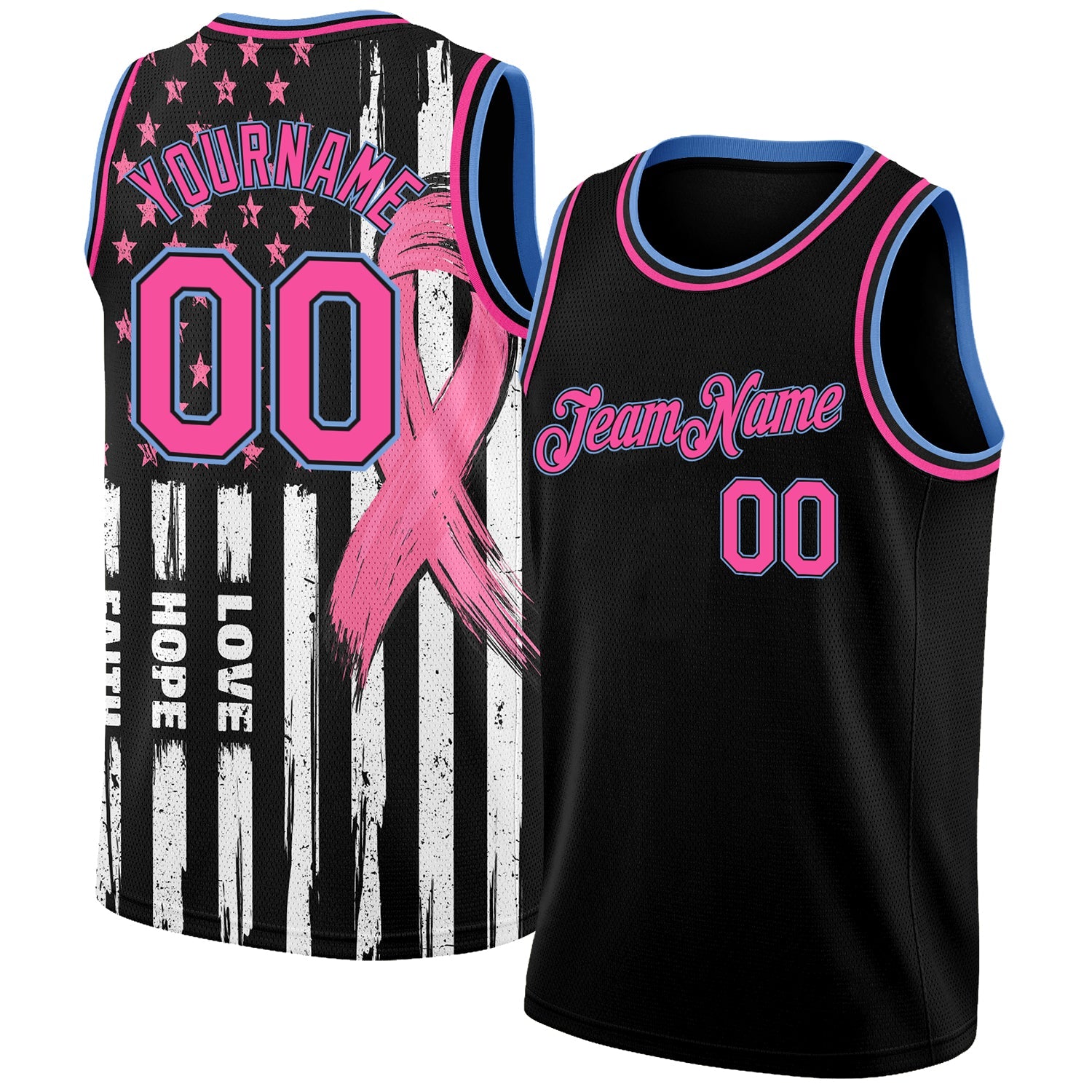 Custom Black Pink-Light Blue 3D American Flag Fashion With Pink Ribbon Breast Cancer Awareness Month Women Health Care Support Authentic Basketball Jersey - Main View