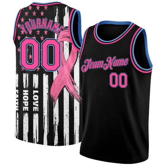 Custom Black Pink-Light Blue 3D American Flag Fashion With Pink Ribbon Breast Cancer Awareness Month Women Health Care Support Authentic Basketball Jersey - Main View