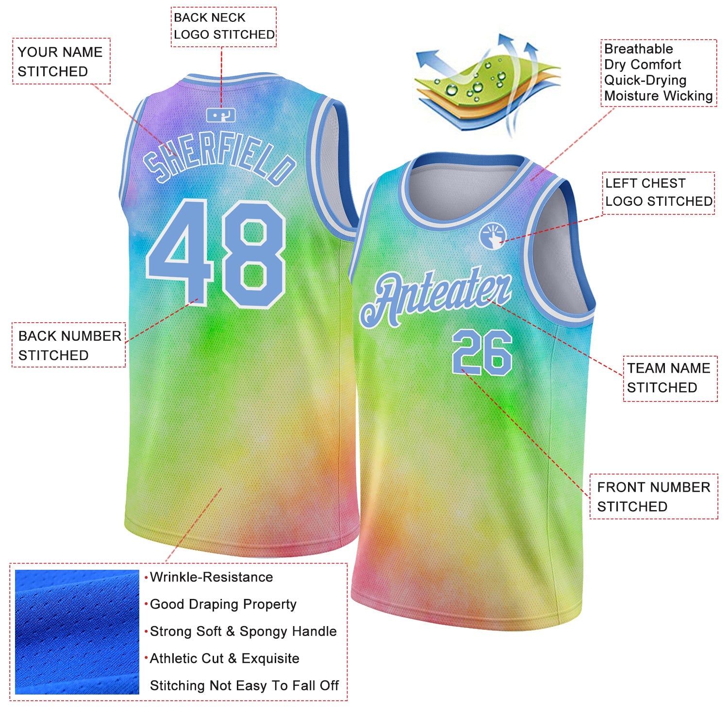 Custom Tie Dye Light Blue-White 3D Rainbow Authentic Basketball Jersey view 2