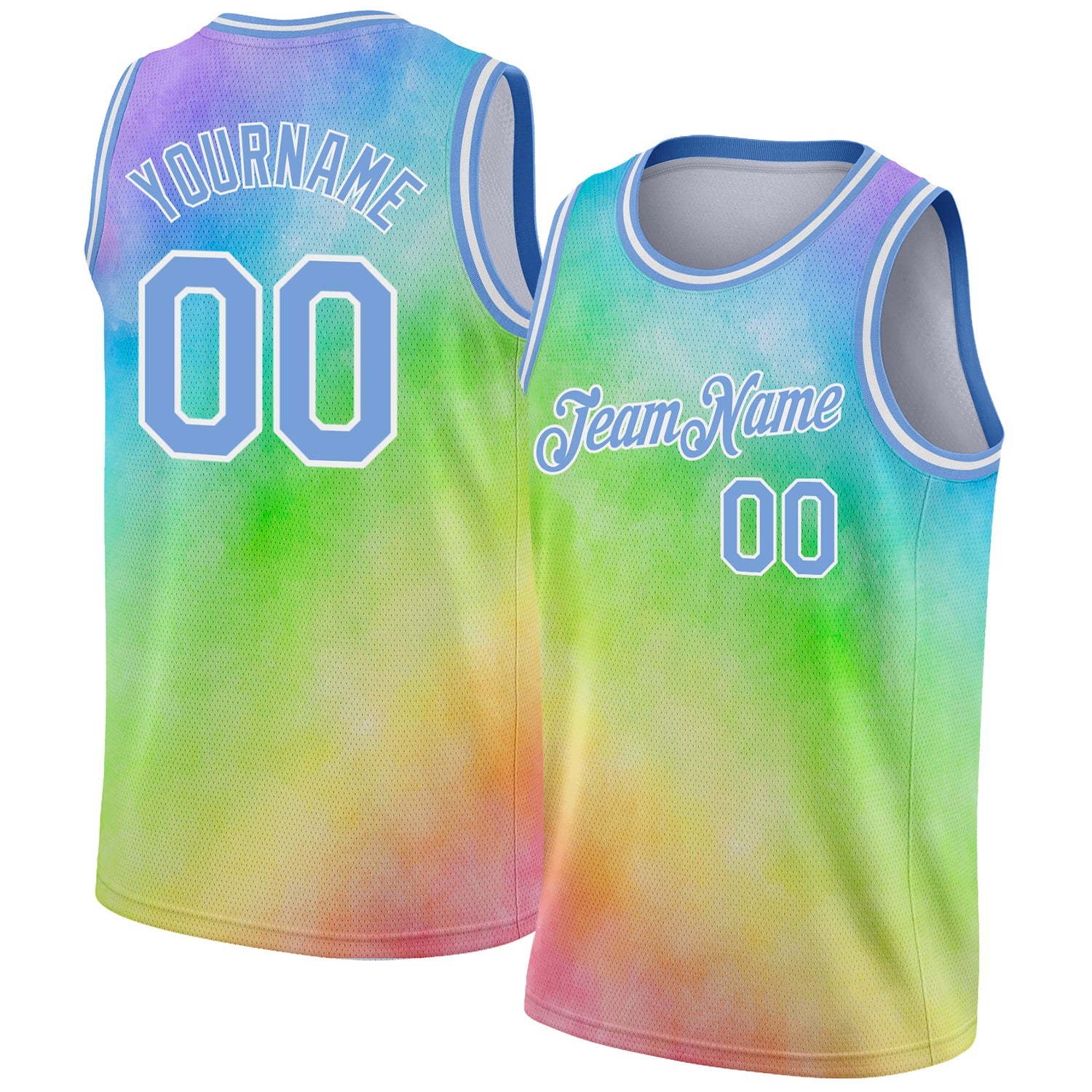 Custom Tie Dye Light Blue-White 3D Rainbow Authentic Basketball Jersey - Main View