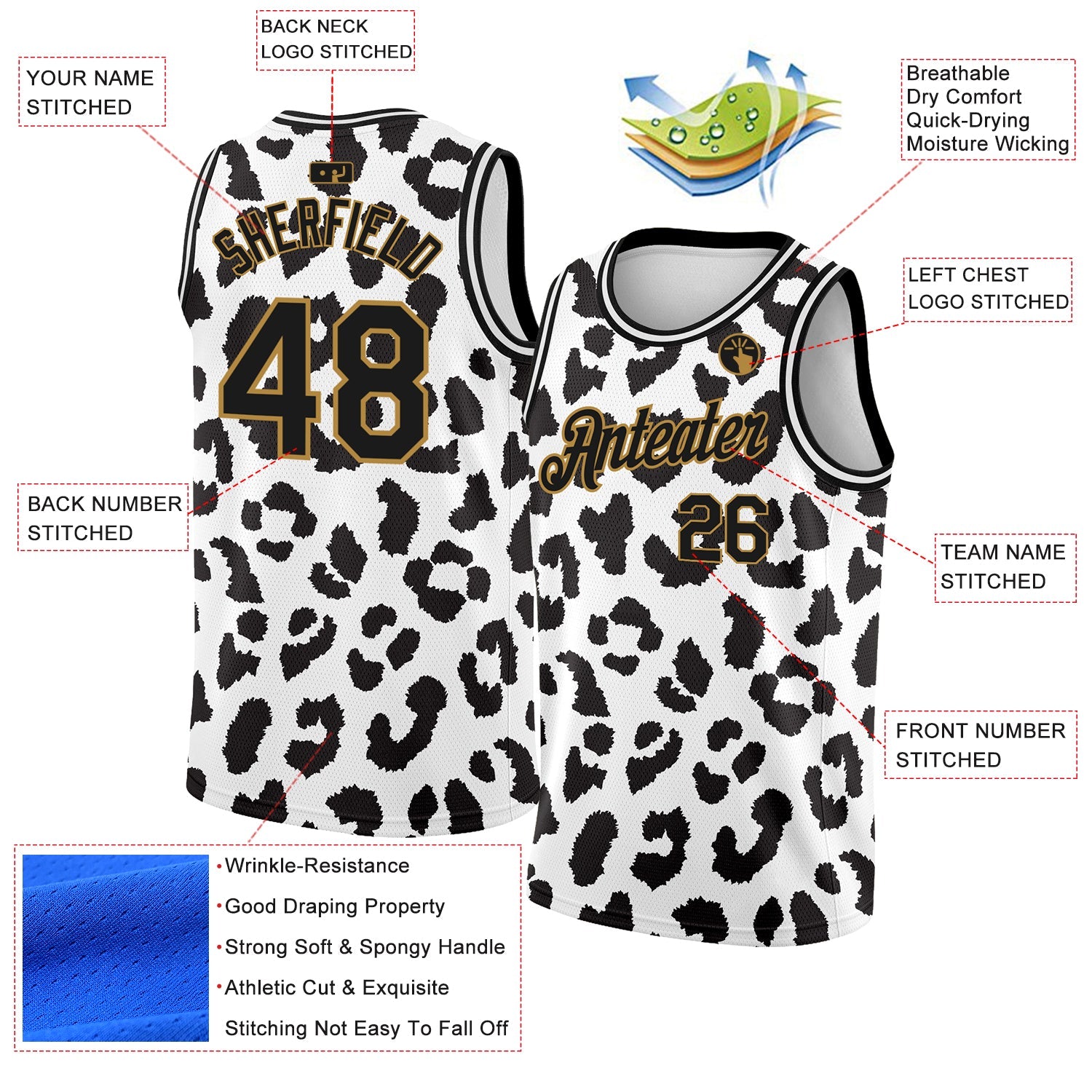 Custom White Black-Old Gold 3D Pattern Design Leopard Print Authentic Basketball Jersey view 2