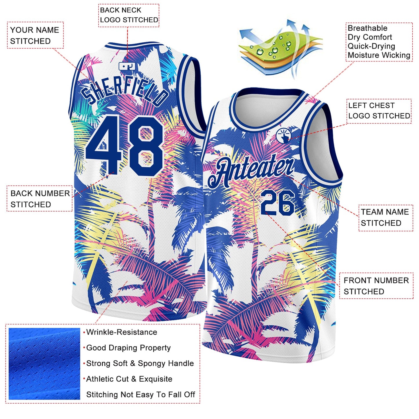 Custom White Royal 3D Pattern Tropical Hawaii Palm Trees Authentic Basketball Jersey view 2