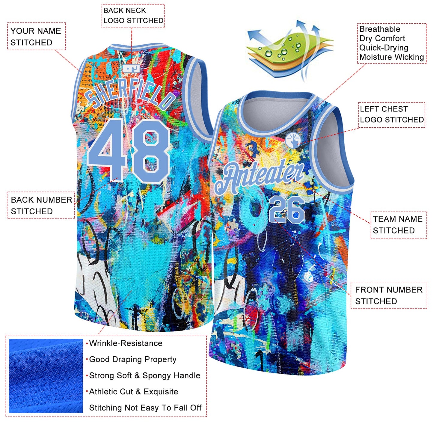 Custom Graffiti Pattern Light Blue-White 3D Grunge Art Authentic Basketball Jersey view 2