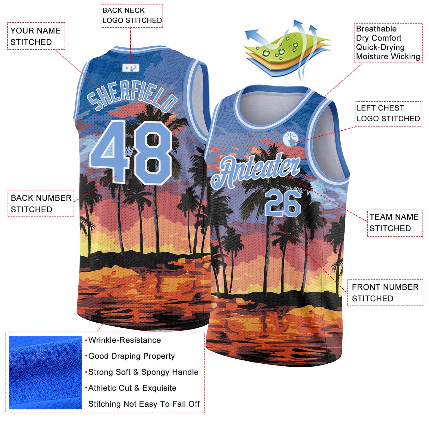 Custom Light Blue White 3D Pattern Tropical Hawaii Palm Trees Authentic Basketball Jersey view 2