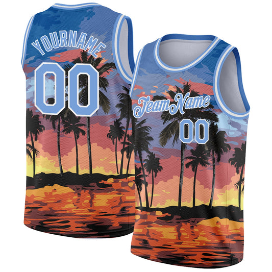 Custom Light Blue White 3D Pattern Tropical Hawaii Palm Trees Authentic Basketball Jersey - Main View