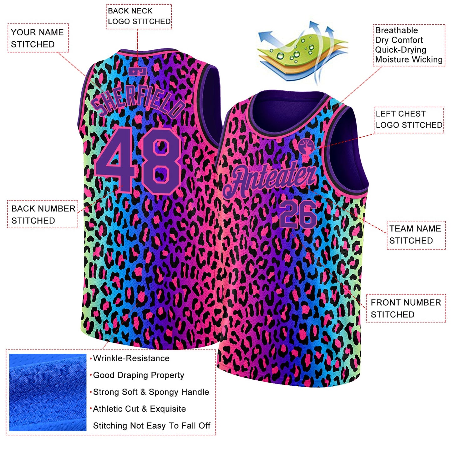 Custom Purple Pink-Black 3D Pattern Design Leopard Print Authentic Basketball Jersey view 2