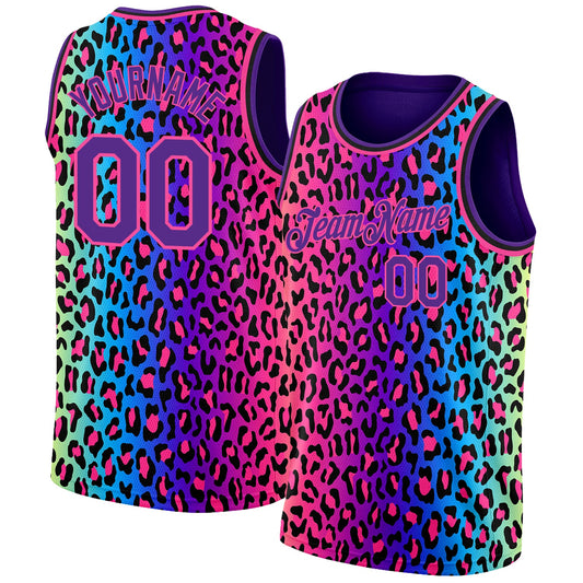 Custom Purple Pink-Black 3D Pattern Design Leopard Print Authentic Basketball Jersey - Main View