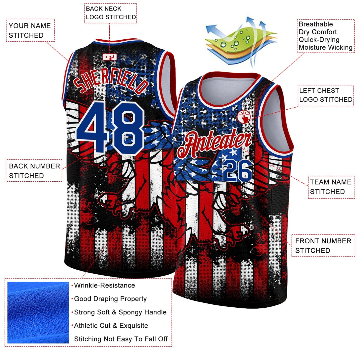 Custom Black Royal-Red 3D Eagle American Flag Authentic Basketball Jersey view 2