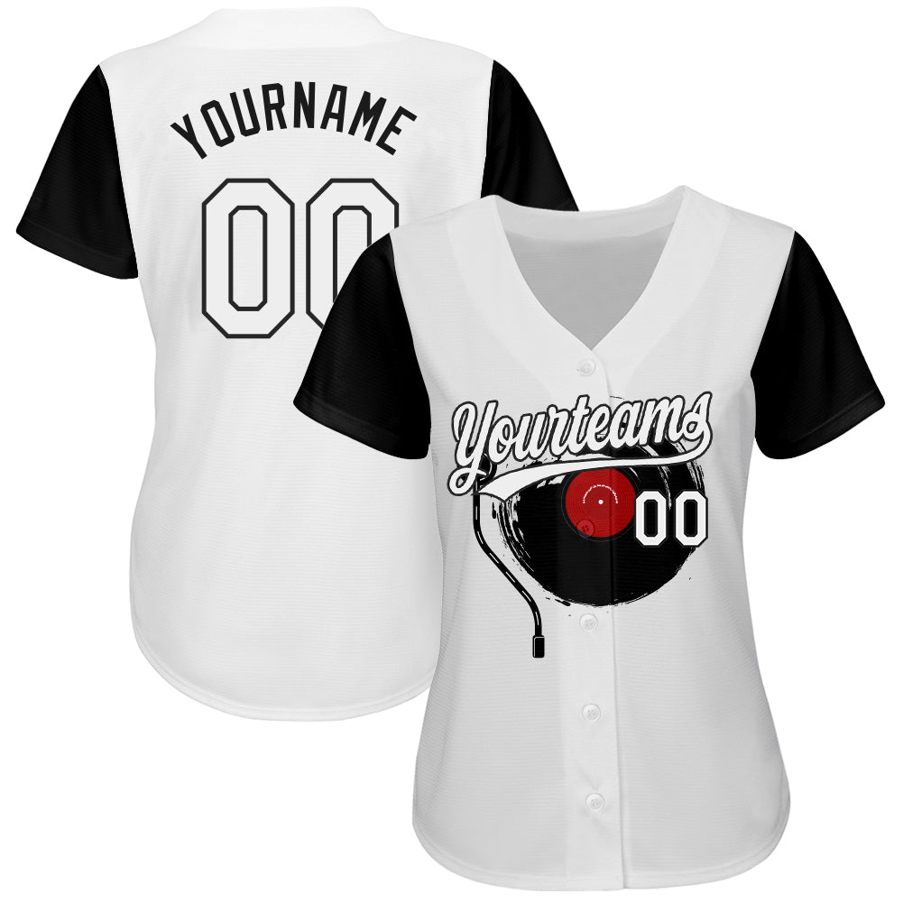 Custom White Black 3D Pattern Design Music Festival Vintage Vinyl Record Authentic Baseball Jersey view 2