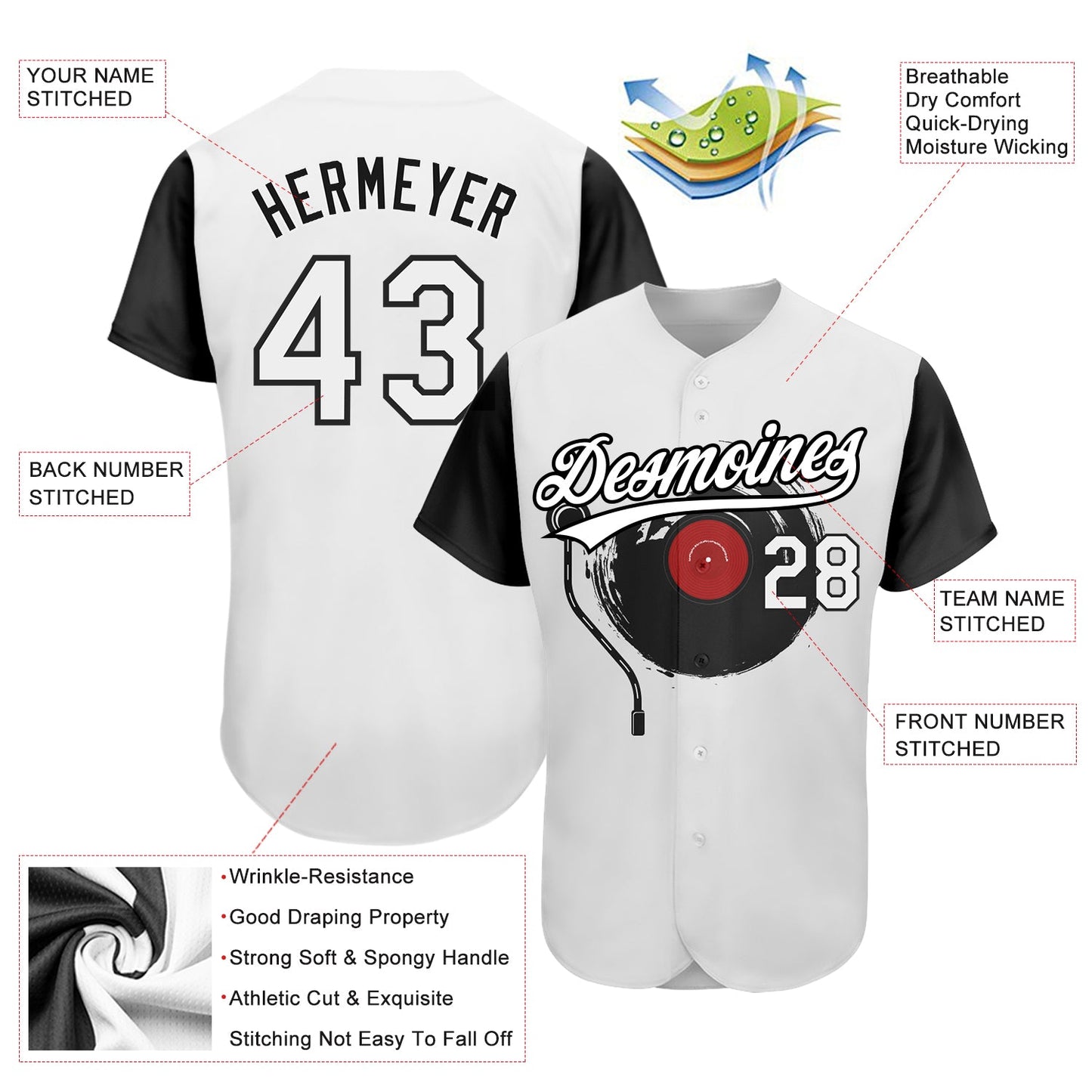 Custom White Black 3D Pattern Design Music Festival Vintage Vinyl Record Authentic Baseball Jersey view 3