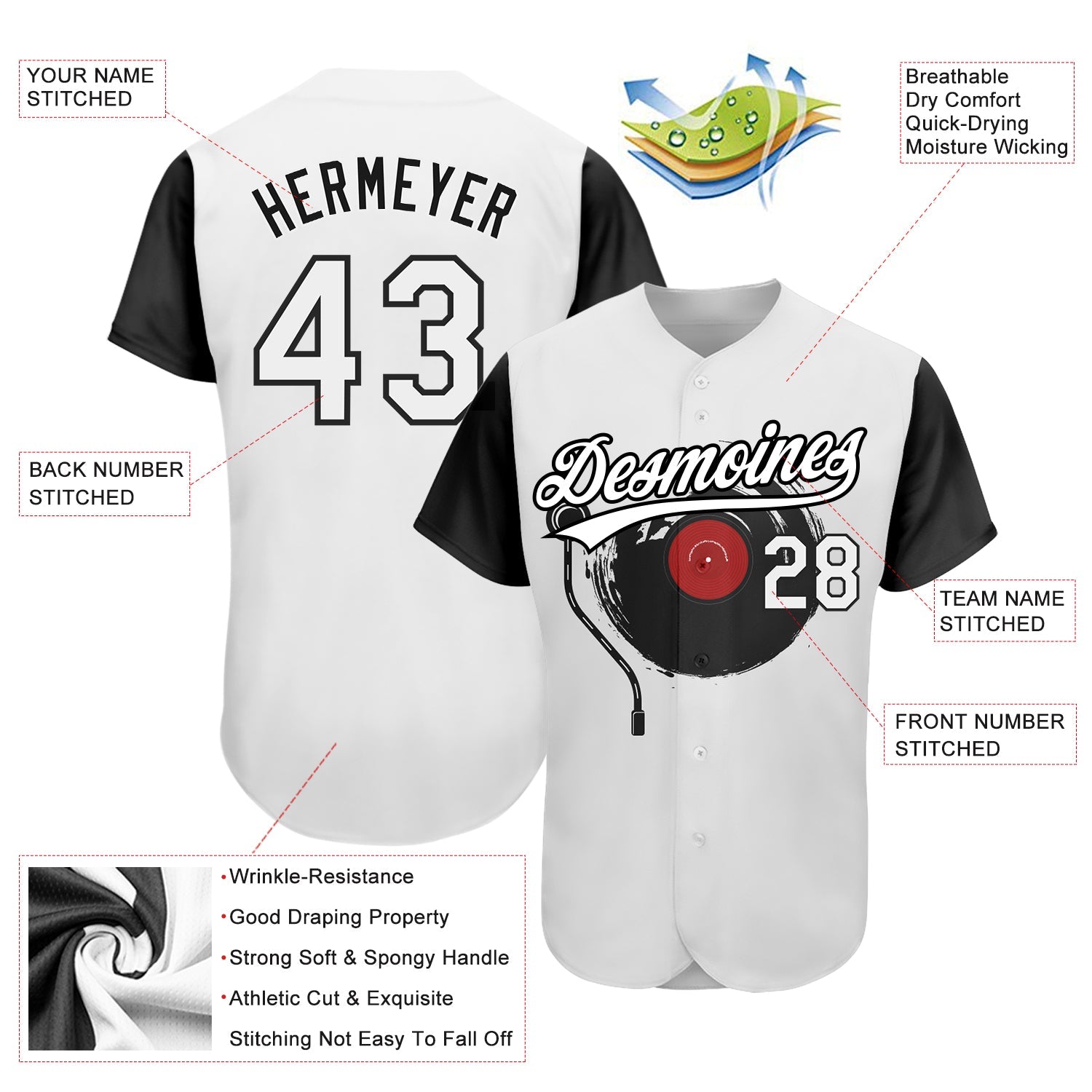 Custom White Black 3D Pattern Design Music Festival Vintage Vinyl Record Authentic Baseball Jersey view 3