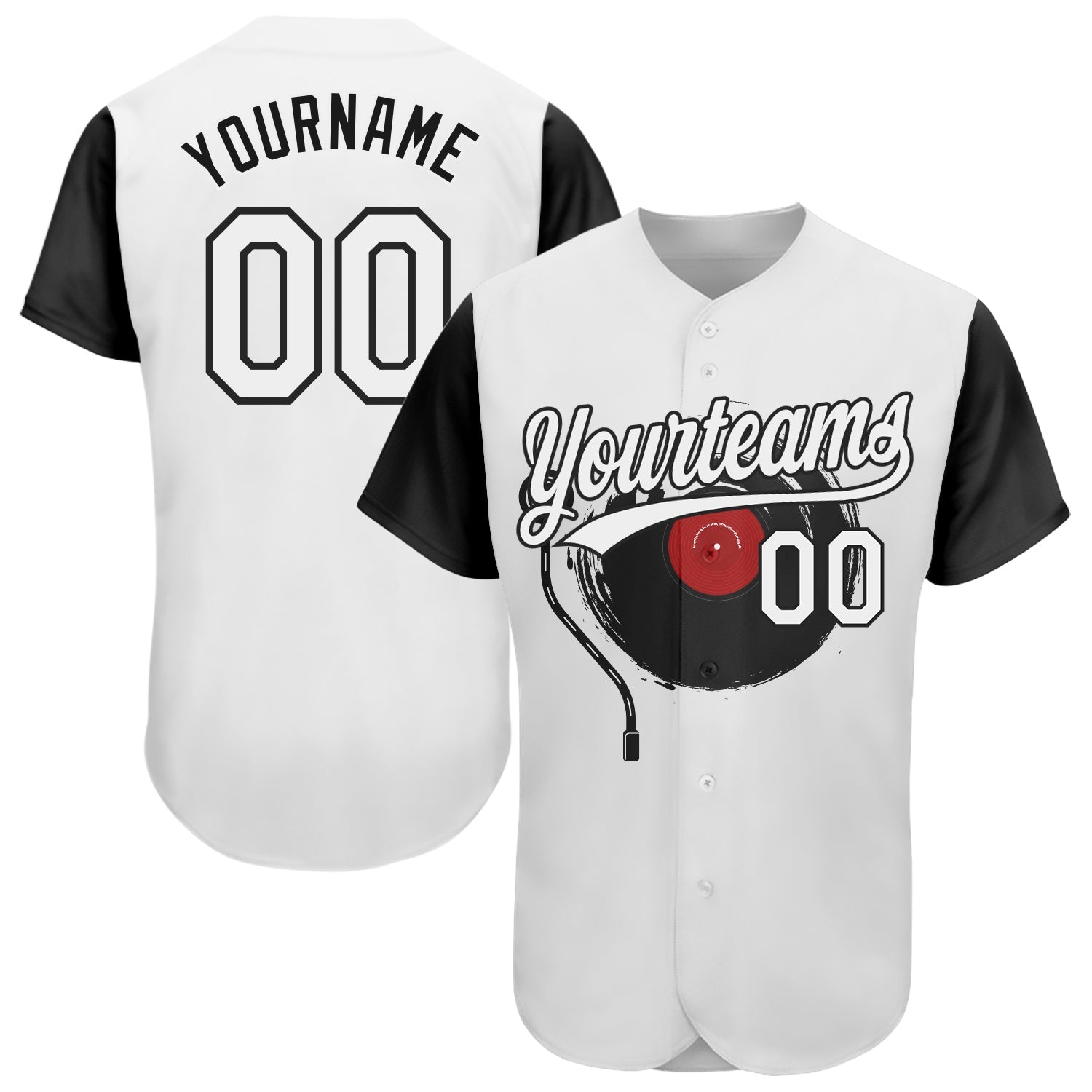Custom White Black 3D Pattern Design Music Festival Vintage Vinyl Record Authentic Baseball Jersey - Main View
