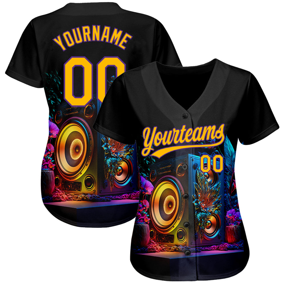 Custom Black Gold-Purple 3D Pattern Design Music Festival Vintage Speaker Music Sound System Authentic Baseball Jersey view 2