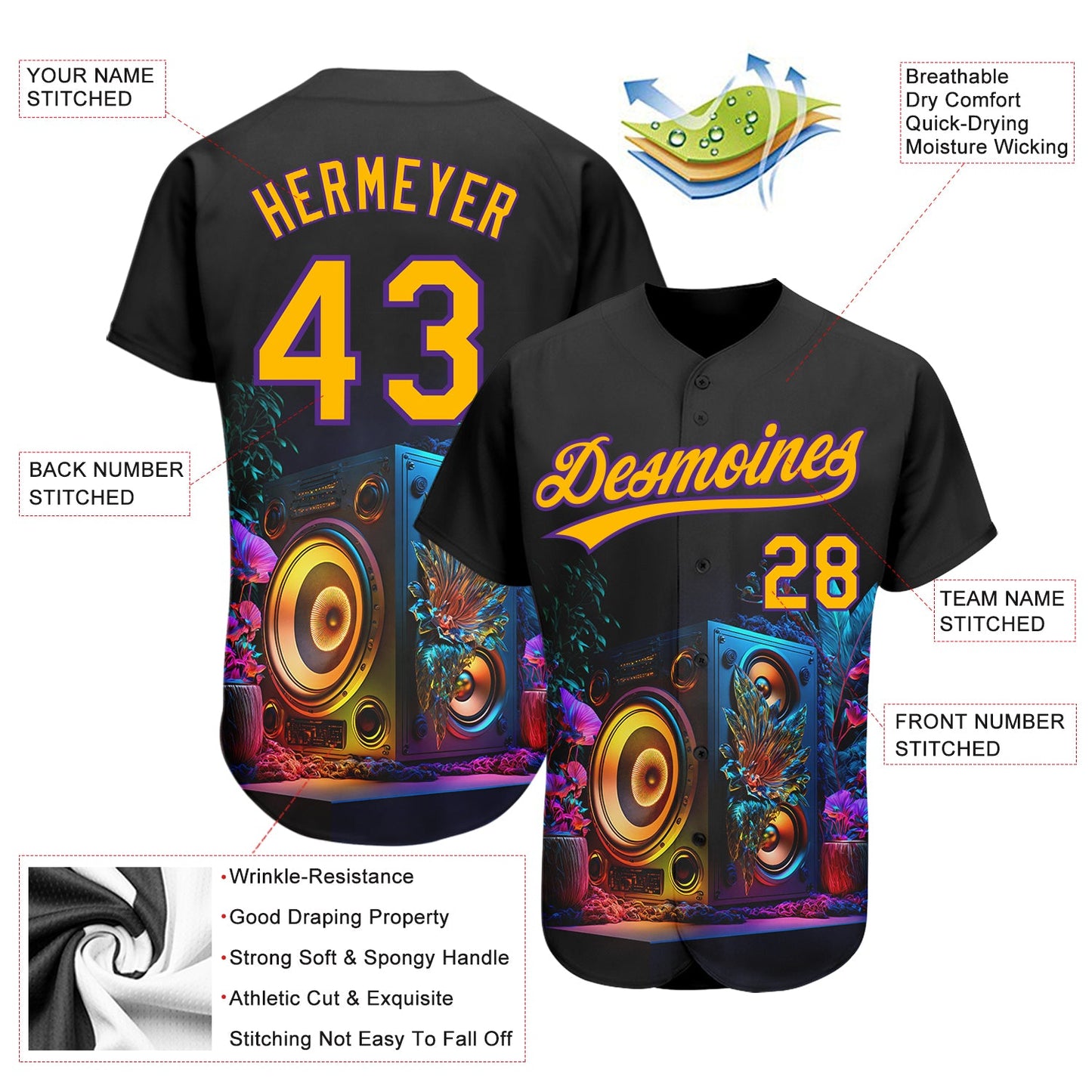 Custom Black Gold-Purple 3D Pattern Design Music Festival Vintage Speaker Music Sound System Authentic Baseball Jersey view 3