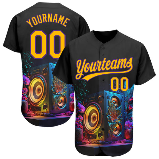 Custom Black Gold-Purple 3D Pattern Design Music Festival Vintage Speaker Music Sound System Authentic Baseball Jersey - Main View