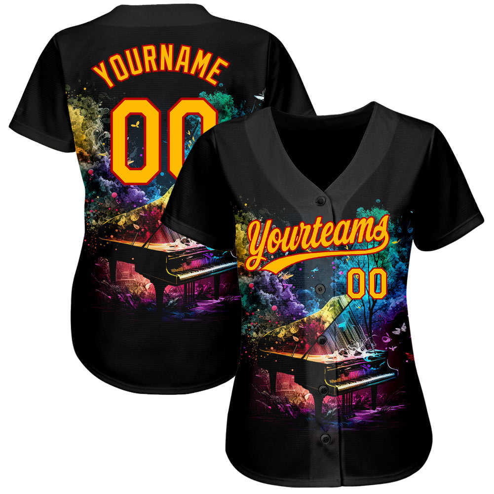 Custom Black Gold-Red 3D Pattern Design Music Festival Piano With Colorful Smoke Authentic Baseball Jersey view 2