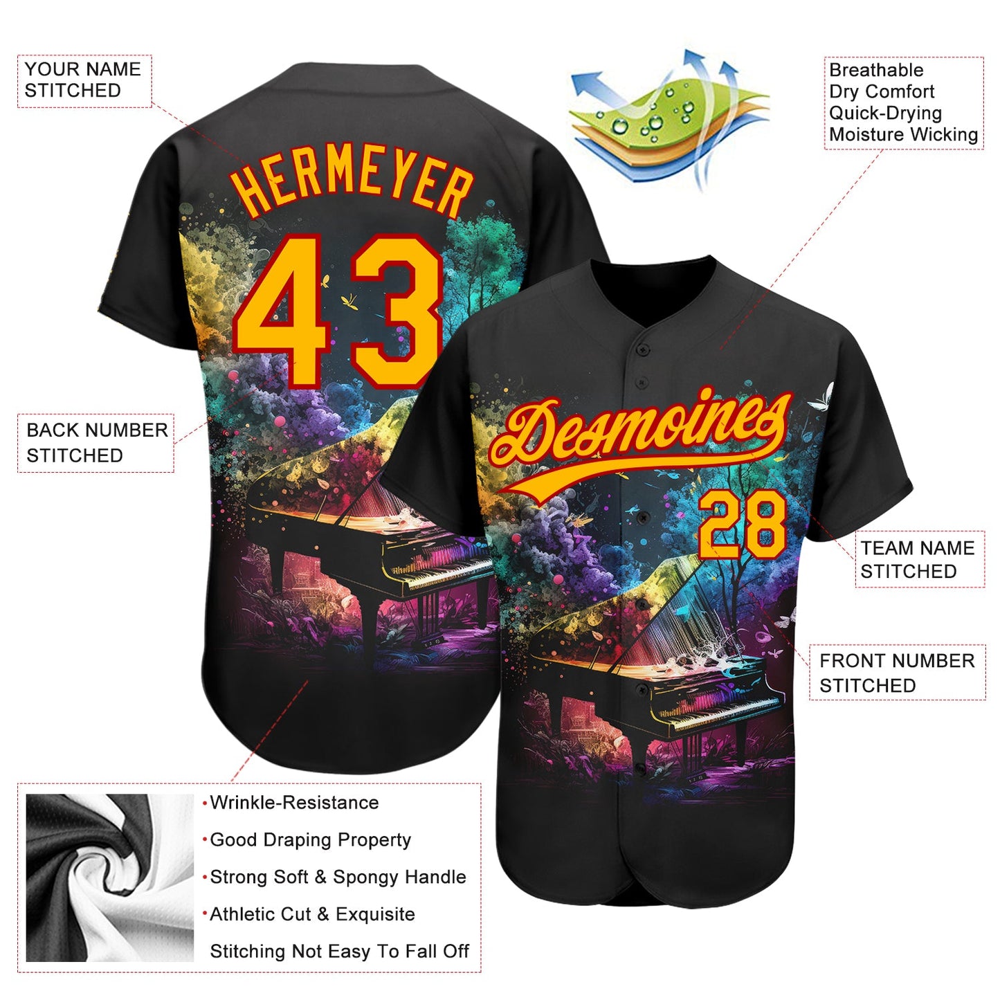 Custom Black Gold-Red 3D Pattern Design Music Festival Piano With Colorful Smoke Authentic Baseball Jersey view 3