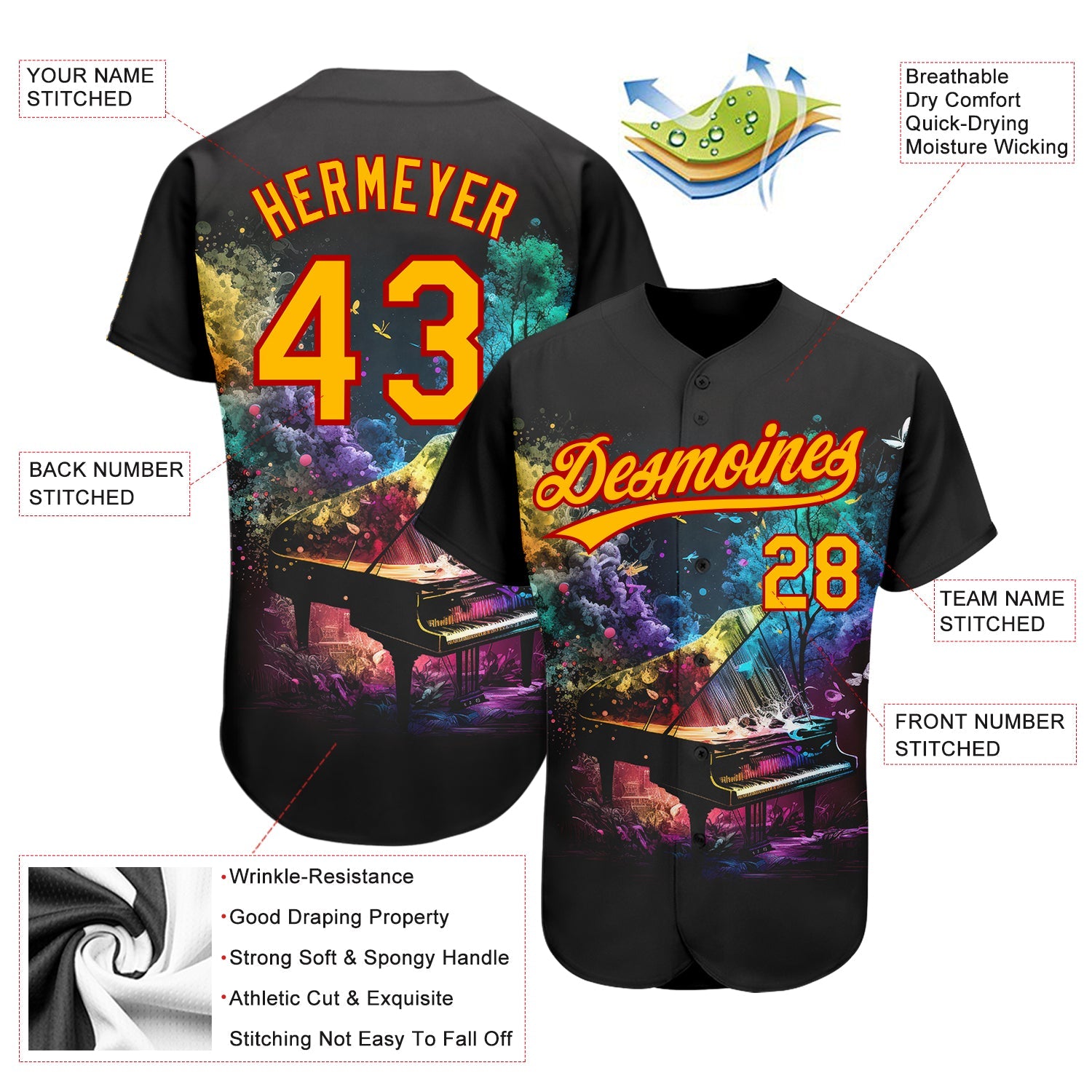 Custom Black Gold-Red 3D Pattern Design Music Festival Piano With Colorful Smoke Authentic Baseball Jersey view 3