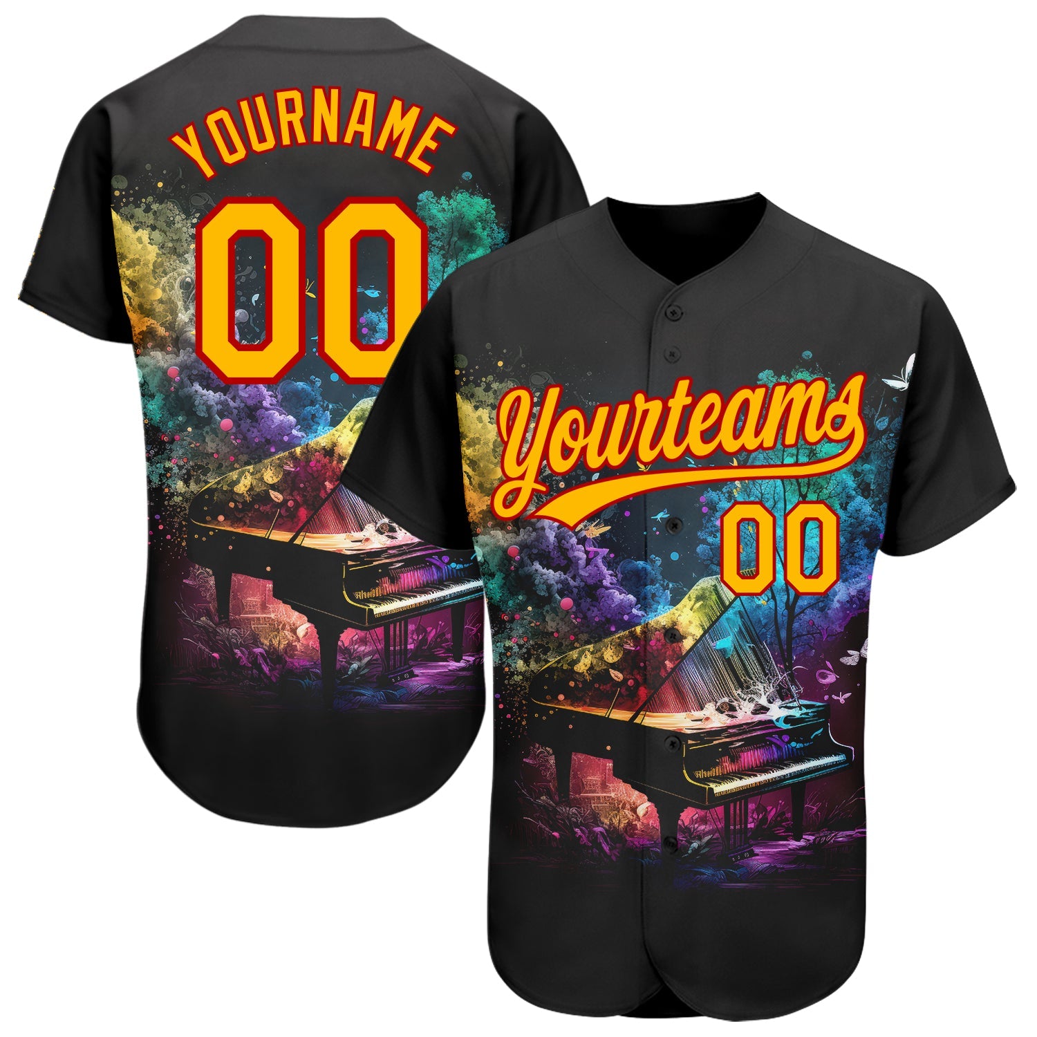 Custom Black Gold-Red 3D Pattern Design Music Festival Piano With Colorful Smoke Authentic Baseball Jersey - Main View
