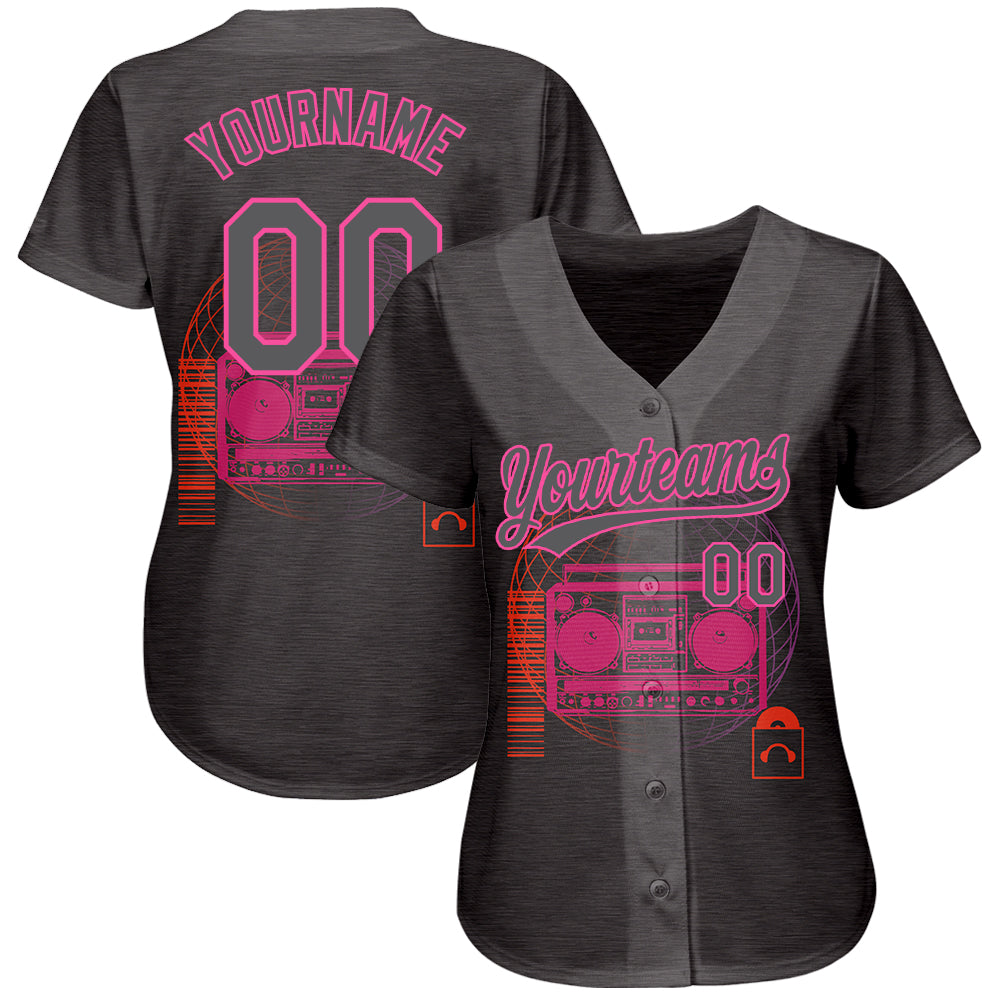 Custom Steel Gray Pink 3D Pattern Design Music Festival Old School Music Authentic Baseball Jersey view 2