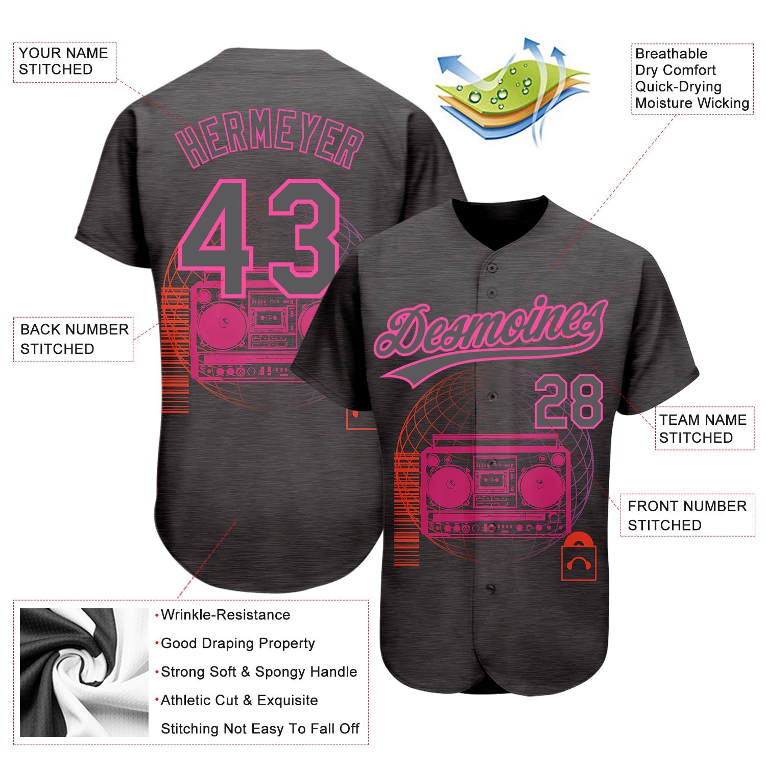 Custom Steel Gray Pink 3D Pattern Design Music Festival Old School Music Authentic Baseball Jersey view 3