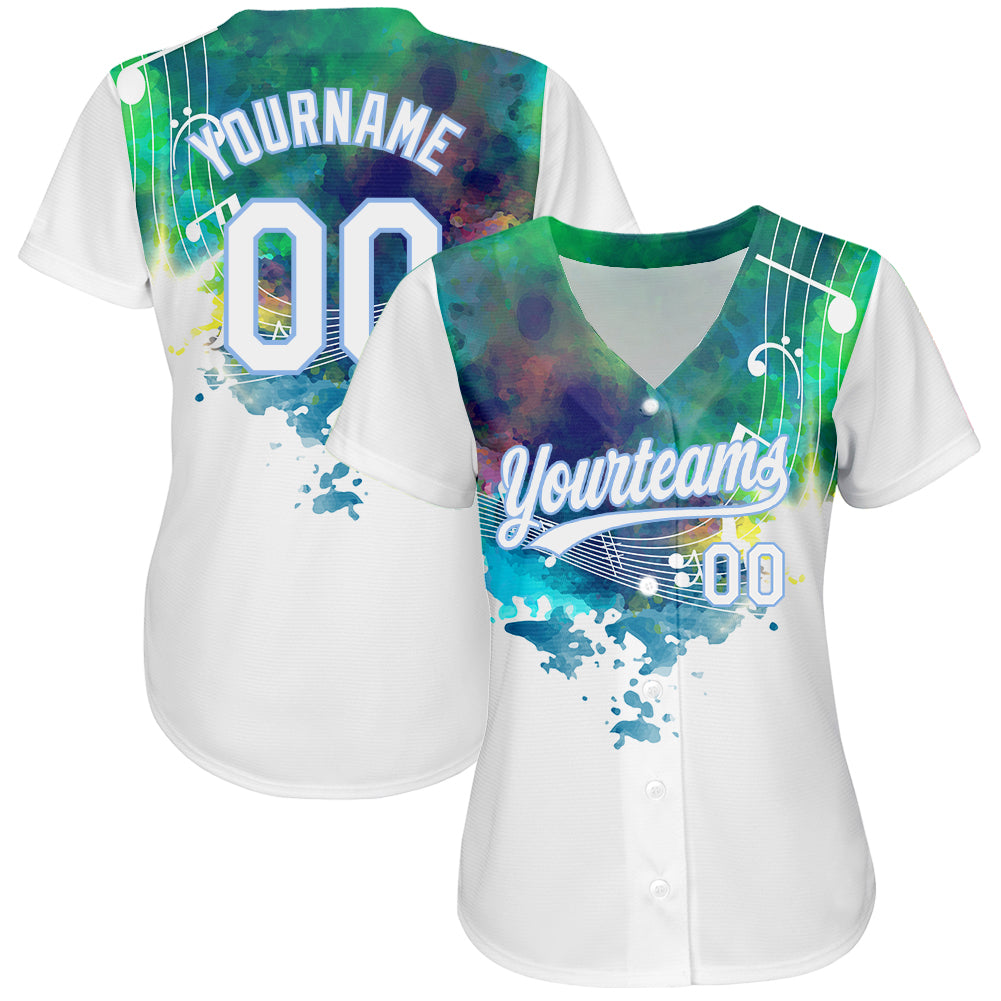 Custom White Light Blue 3D Pattern Design Music Festival Abstract Colorful Music Grunge Style Authentic Baseball Jersey view 2