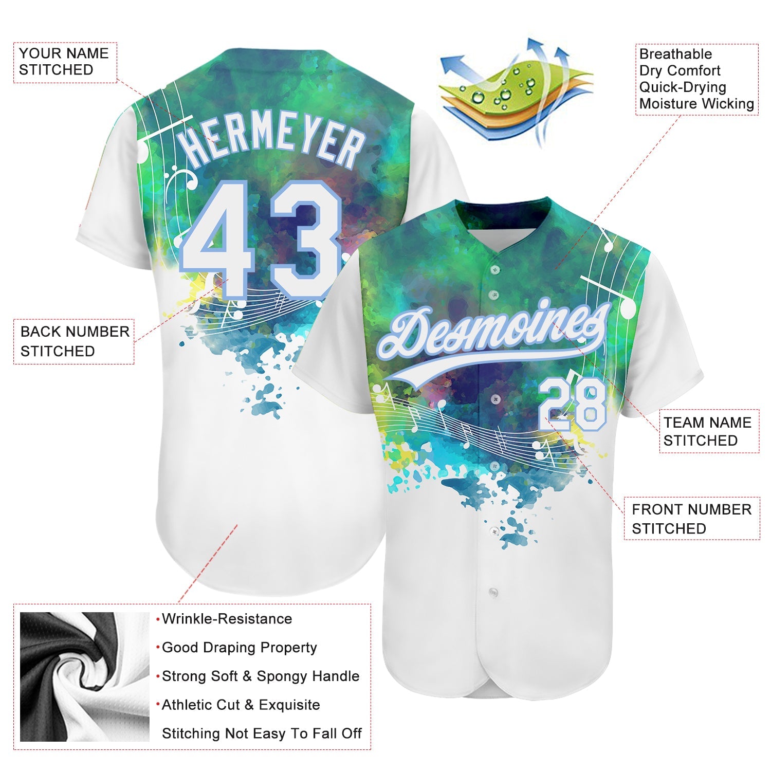 Custom White Light Blue 3D Pattern Design Music Festival Abstract Colorful Music Grunge Style Authentic Baseball Jersey view 3